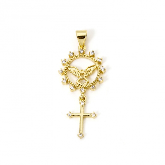 Bild von 1 Stück Messing Religiös Anhänger 18K Vergoldet Kreuz Sonne Micro Pave Klar Zirkonia 3.7cm x 1.6cm