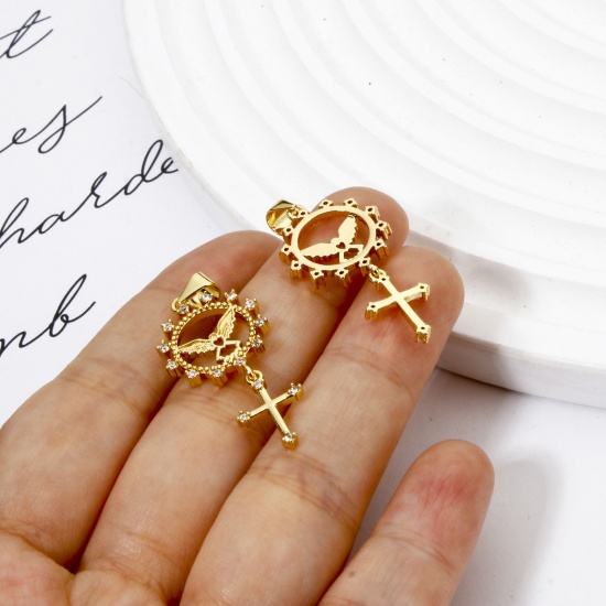 Bild von 1 Stück Messing Religiös Anhänger 18K Vergoldet Kreuz Sonne Micro Pave Klar Zirkonia 3.7cm x 1.6cm