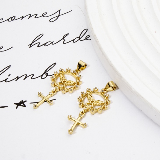 Bild von 1 Stück Messing Religiös Anhänger 18K Vergoldet Kreuz Sonne Micro Pave Klar Zirkonia 3.7cm x 1.6cm
