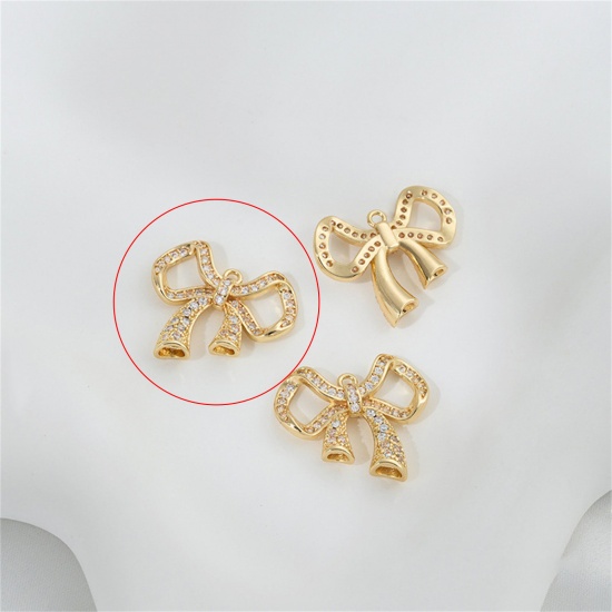 Picture of 1 Piece Eco-friendly Brass Clothes Connectors Charms Pendants Left Bowknot 14K Real Gold Plated Micro Pave Clear Cubic Zirconia 22mm x 19mm