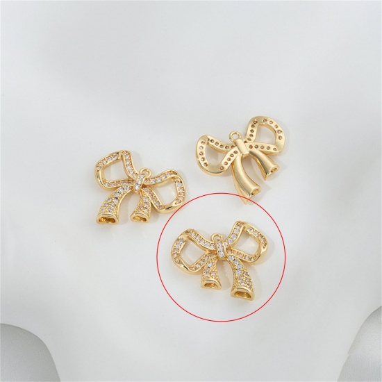 Picture of 1 Piece Eco-friendly Brass Clothes Connectors Charms Pendants Right Bowknot 14K Real Gold Plated Micro Pave Clear Cubic Zirconia 22mm x 19mm