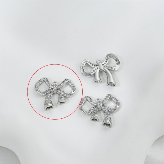 Picture of 1 Piece Eco-friendly Brass Clothes Connectors Charms Pendants Left Bowknot Real Platinum Plated Micro Pave Clear Cubic Zirconia 22mm x 19mm