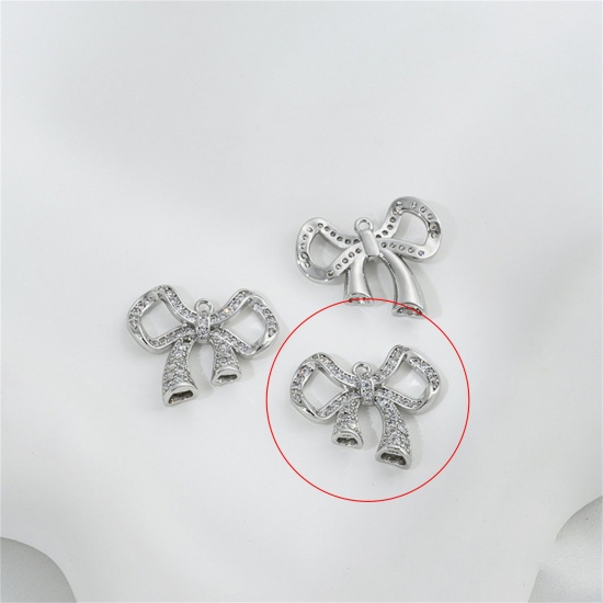 Picture of 1 Piece Eco-friendly Brass Clothes Connectors Charms Pendants Right Bowknot Real Platinum Plated Micro Pave Clear Cubic Zirconia 22mm x 19mm