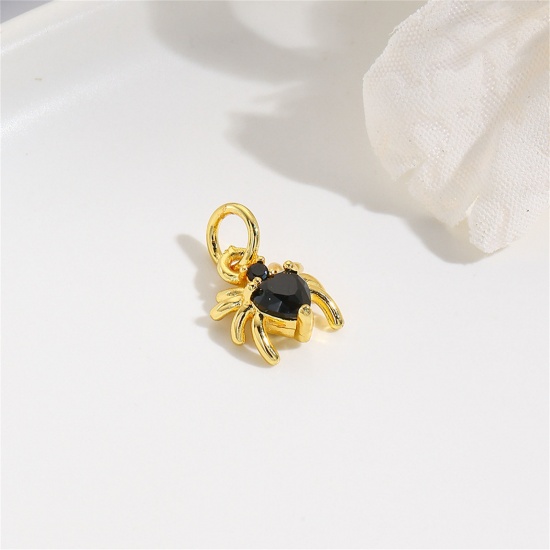 Imagen de 2 Unidades Latón Mini Colgantes Halloween Araña Chapado en Oro de 18K Negro Rhinestone 12mm x 8mm