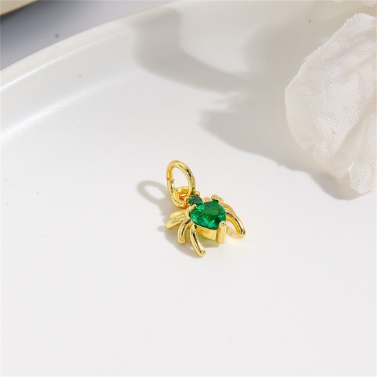 Imagen de 2 Unidades Latón Mini Colgantes Halloween Araña Chapado en Oro de 18K Verde Rhinestone 12mm x 8mm