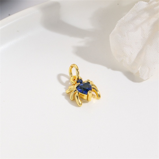 Imagen de 2 Unidades Latón Mini Colgantes Halloween Araña Chapado en Oro de 18K Azul marino Rhinestone 12mm x 8mm