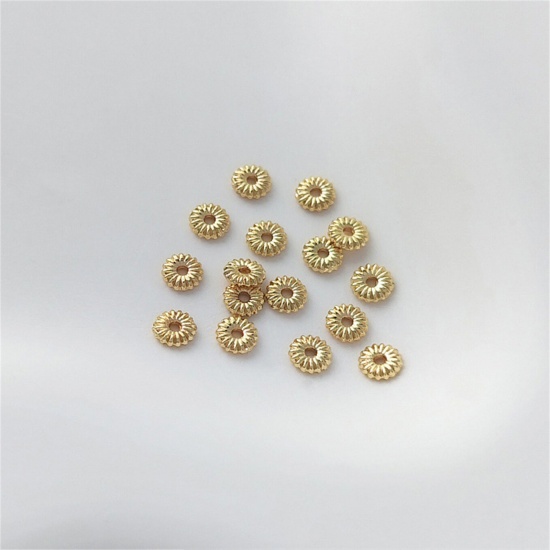 Picture of 20 PCs Eco-friendly Brass Spacer Beads For DIY Bracelet Jewelry Making Findings 14K Real Gold Plated Flat Round Carved Pattern About 4mm Dia.