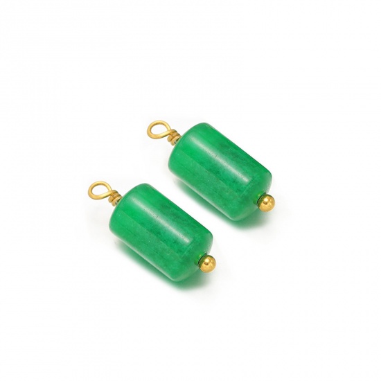 Picture of 5 PCs Vacuum Plating 304 Stainless Steel & Gemstone Charms Gold Plated Green Cylinder 15mm x 6mm