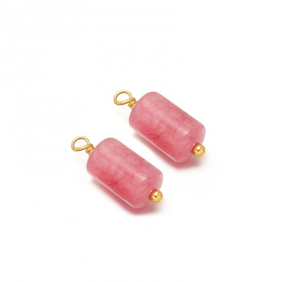 Picture of 5 PCs Vacuum Plating 304 Stainless Steel & Gemstone Charms Gold Plated Dark Pink Cylinder 15mm x 6mm