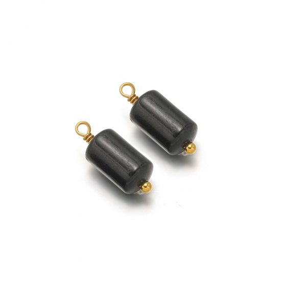 Picture of 5 PCs Vacuum Plating 304 Stainless Steel & Gemstone Charms Gold Plated Black Cylinder 15mm x 6mm