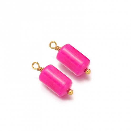 Picture of 5 PCs Vacuum Plating 304 Stainless Steel & Gemstone Charms Gold Plated Fuchsia Cylinder 15mm x 6mm