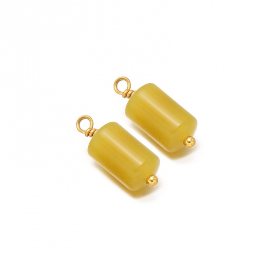 Picture of 5 PCs Vacuum Plating 304 Stainless Steel & Gemstone Charms Gold Plated Yellow-green Cylinder 15mm x 6mm