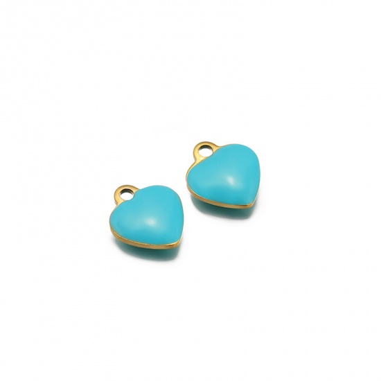 Picture of 20 PCs Vacuum Plating 304 Stainless Steel Valentine's Day Charms Gold Plated Blue Heart Double-sided Enamel 9mm x 8mm