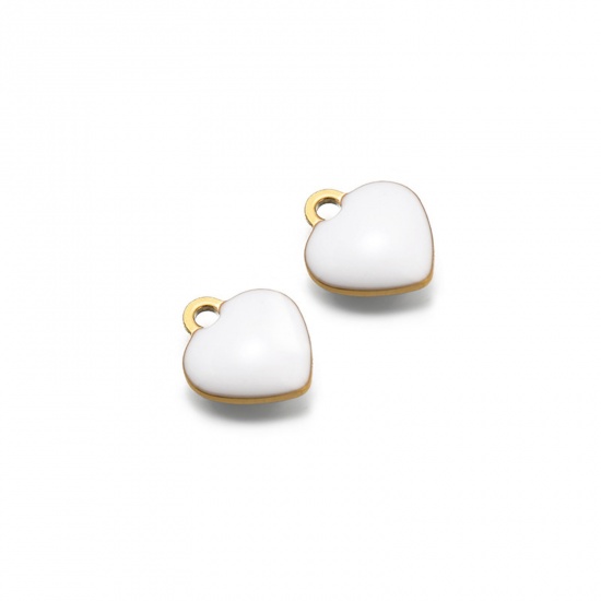 Picture of 20 PCs Vacuum Plating 304 Stainless Steel Valentine's Day Charms Gold Plated White Heart Double-sided Enamel 9mm x 8mm