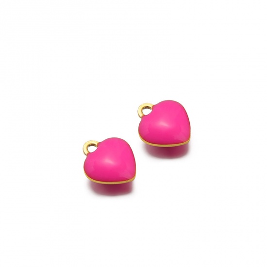 Picture of 20 PCs Vacuum Plating 304 Stainless Steel Valentine's Day Charms Gold Plated Fuchsia Heart Double-sided Enamel 9mm x 8mm