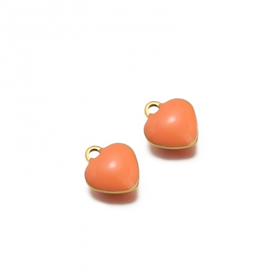 Picture of 20 PCs Vacuum Plating 304 Stainless Steel Valentine's Day Charms Gold Plated Light Orange Heart Double-sided Enamel 9mm x 8mm
