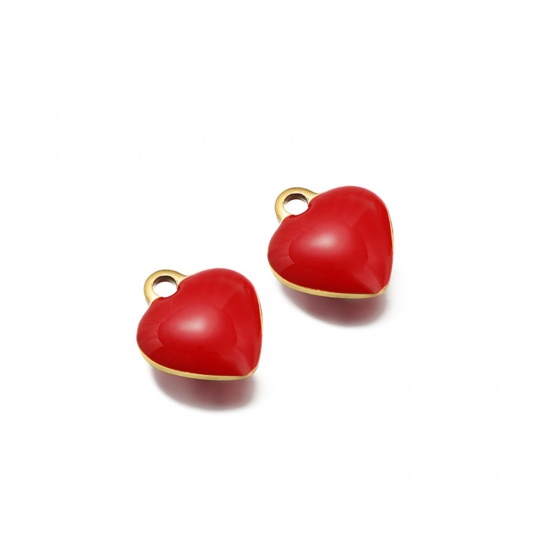Picture of 20 PCs Vacuum Plating 304 Stainless Steel Valentine's Day Charms Gold Plated Red Heart Double-sided Enamel 9mm x 8mm