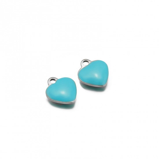 Picture of 20 PCs 304 Stainless Steel Valentine's Day Charms Silver Tone Blue Heart Double-sided Enamel 9mm x 8mm