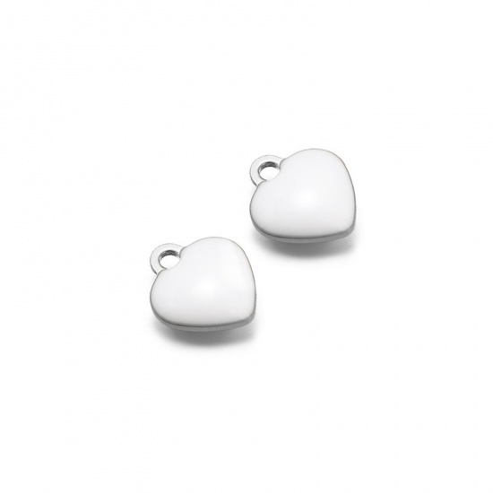 Picture of 20 PCs 304 Stainless Steel Valentine's Day Charms Silver Tone White Heart Double-sided Enamel 9mm x 8mm