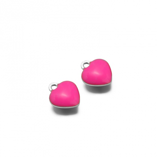 Picture of 20 PCs 304 Stainless Steel Valentine's Day Charms Silver Tone Fuchsia Heart Double-sided Enamel 9mm x 8mm