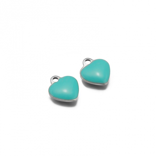 Picture of 20 PCs 304 Stainless Steel Valentine's Day Charms Silver Tone Green Heart Double-sided Enamel 9mm x 8mm