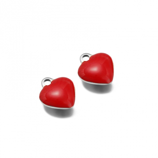 Picture of 20 PCs 304 Stainless Steel Valentine's Day Charms Silver Tone Red Heart Double-sided Enamel 9mm x 8mm