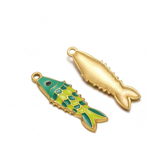 Imagen de 1 Unidad Enchapado al Vacío 304 Acero Inoxidable Colgantes Pez Chapado en Oro Verde Esmalte 26mm x 8mm
