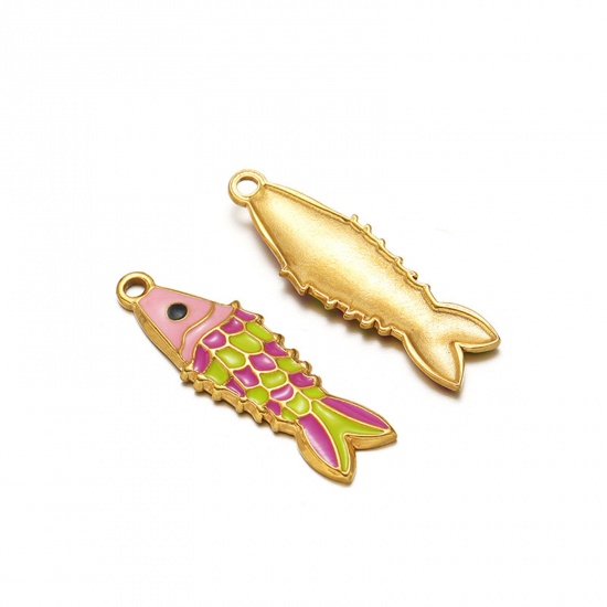 Imagen de 1 Unidad Enchapado al Vacío 304 Acero Inoxidable Colgantes Pez Chapado en Oro Rosado Esmalte 26mm x 8mm