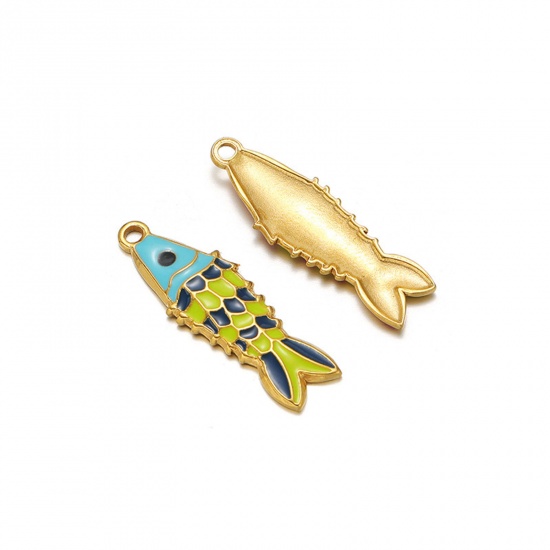 Imagen de 1 Unidad Enchapado al Vacío 304 Acero Inoxidable Colgantes Pez Chapado en Oro Azul Esmalte 26mm x 8mm