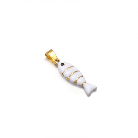 Picture of 1 Piece Vacuum Plating 304 Stainless Steel Charm Pendant Gold Plated White Fish Animal Double-sided Enamel 28mm x 7mm
