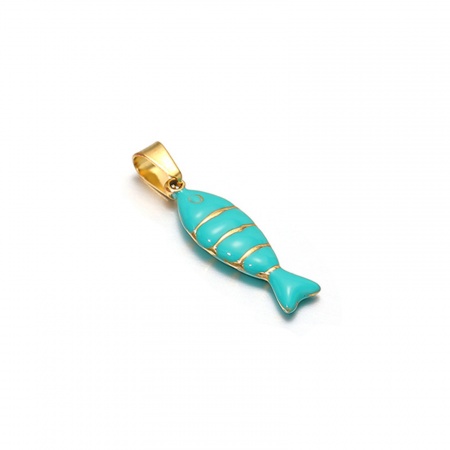 Picture of 1 Piece Vacuum Plating 304 Stainless Steel Charm Pendant Gold Plated Green Fish Animal Double-sided Enamel 28mm x 7mm