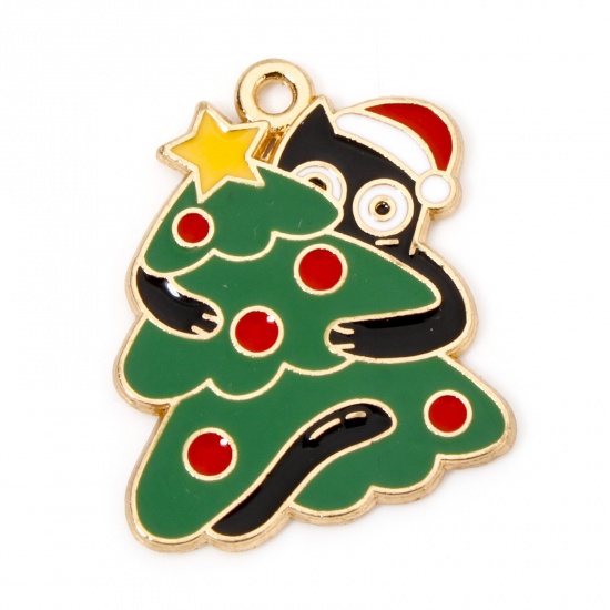 Picture of 10 PCs Zinc Based Alloy Christmas Charms Gold Plated Multicolor Cat Animal Christmas Tree Enamel 25mm x 22mm