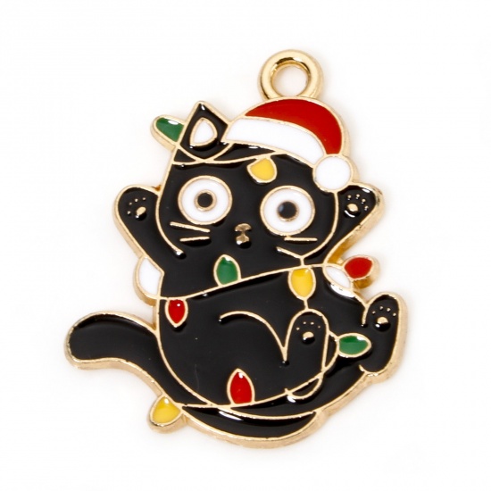 Picture of 10 PCs Zinc Based Alloy Christmas Charms Gold Plated Multicolor Cat Animal Lamp Enamel 25mm x 20mm