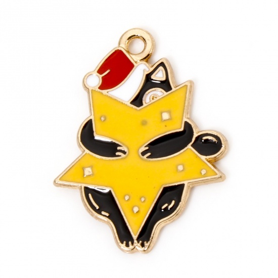 Picture of 10 PCs Zinc Based Alloy Christmas Charms Gold Plated Multicolor Cat Animal Pentagram Star Enamel 25mm x 19mm