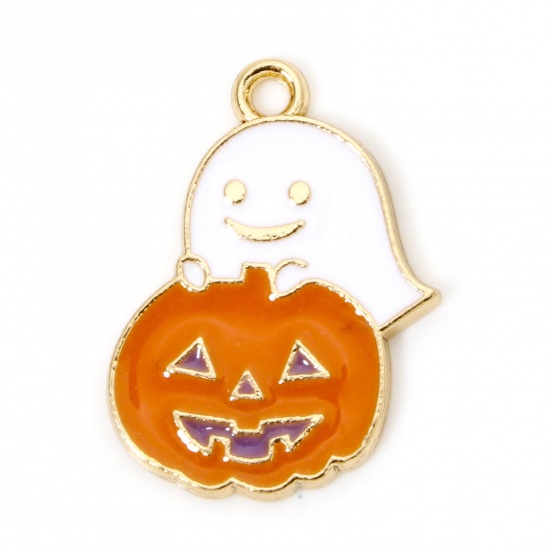 Immagine di 10 Pz Lega di Zinco Halloween Ciondoli Oro Placcato Bianco & Arancione Halloween Fantasma Halloween Zucca Smalto 21mm x 15mm