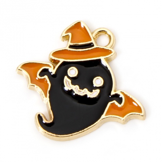 Immagine di 10 Pz Lega di Zinco Halloween Ciondoli Oro Placcato Nero & Arancione Halloween Fantasma Ali Smalto 19mm x 17mm