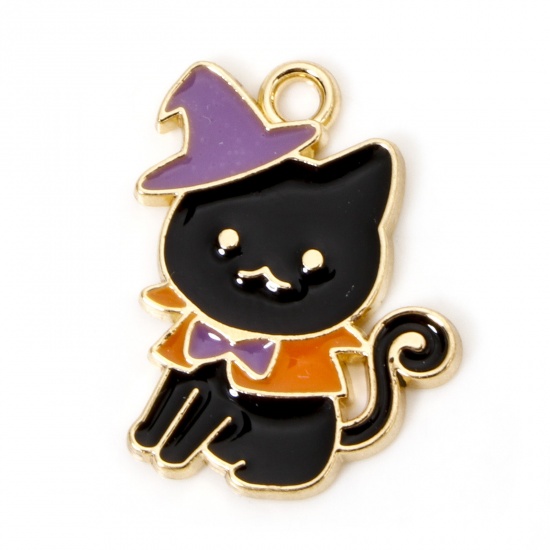 Immagine di 10 Pz Lega di Zinco Halloween Ciondoli Oro Placcato Multicolore Gatto Smalto 19mm x 15mm