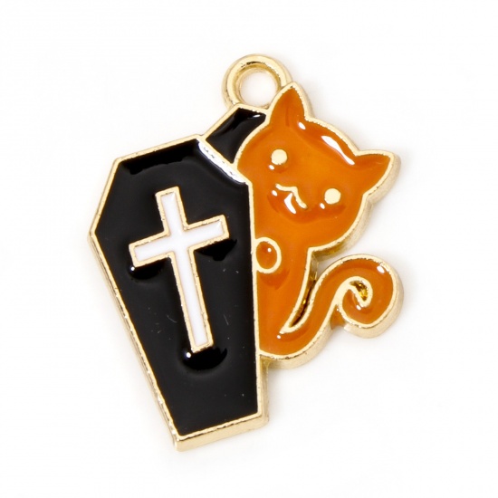 Immagine di 10 Pz Lega di Zinco Halloween Ciondoli Oro Placcato Nero & Arancione Bara Gatto Smalto 20mm x 16mm