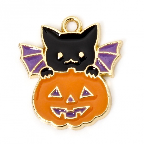 Immagine di 10 Pz Lega di Zinco Halloween Ciondoli Oro Placcato Multicolore Gatto Halloween Zucca Smalto 19mm x 18mm