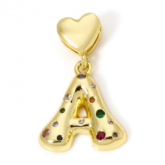 Imagen de 1 Unidad Respetuoso del Medio Ambiente Latón Colgantes Letra Mayúscula 18K Oro Real Chapado Corazón Mensaje " A " Multicolor Circón Artificial 3.1cm x 2cm