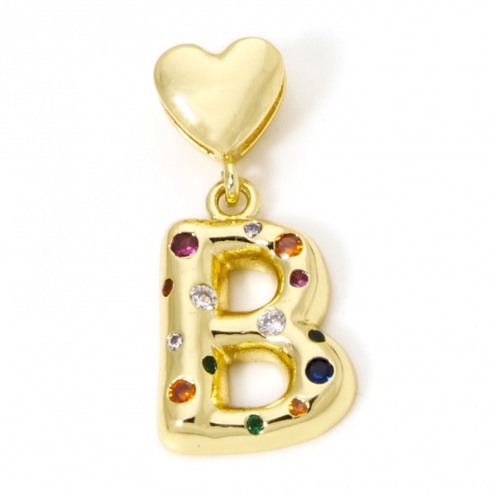 Imagen de 1 Unidad Respetuoso del Medio Ambiente Latón Colgantes Letra Mayúscula 18K Oro Real Chapado Corazón Mensaje " B " Multicolor Circón Artificial 3.1cm x 1.5cm