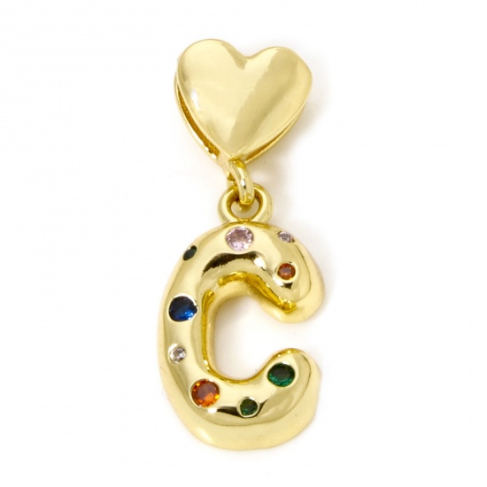 Imagen de 1 Unidad Respetuoso del Medio Ambiente Latón Colgantes Letra Mayúscula 18K Oro Real Chapado Corazón Mensaje " C " Multicolor Circón Artificial 3.1cm x 1.2cm