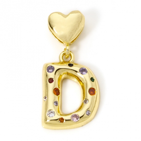 Imagen de 1 Unidad Respetuoso del Medio Ambiente Latón Colgantes Letra Mayúscula 18K Oro Real Chapado Corazón Mensaje " D " Multicolor Circón Artificial 3.2cm x 1.5cm