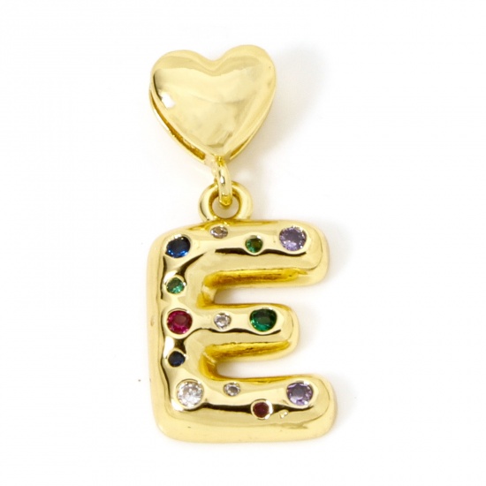 Imagen de 1 Unidad Respetuoso del Medio Ambiente Latón Colgantes Letra Mayúscula 18K Oro Real Chapado Corazón Mensaje " E " Multicolor Circón Artificial 3.1cm x 1.4cm
