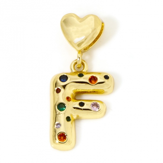 Imagen de 1 Unidad Respetuoso del Medio Ambiente Latón Colgantes Letra Mayúscula 18K Oro Real Chapado Corazón Mensaje " F " Multicolor Circón Artificial 3.2cm x 1.5cm