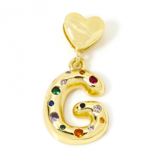 Imagen de 1 Unidad Respetuoso del Medio Ambiente Latón Colgantes Letra Mayúscula 18K Oro Real Chapado Corazón Mensaje " G " Multicolor Circón Artificial 3.2cm x 1.5cm