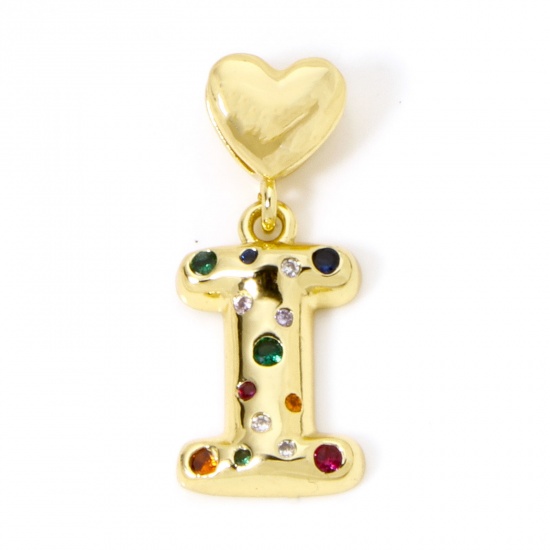 Imagen de 1 Unidad Respetuoso del Medio Ambiente Latón Colgantes Letra Mayúscula 18K Oro Real Chapado Corazón Mensaje " I " Multicolor Circón Artificial 3.1cm x 1.3cm
