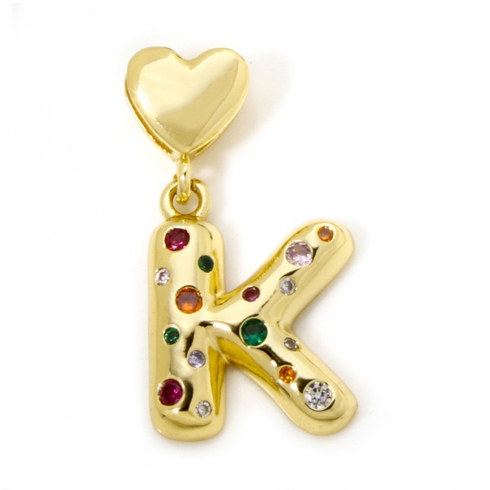 Imagen de 1 Unidad Respetuoso del Medio Ambiente Latón Colgantes Letra Mayúscula 18K Oro Real Chapado Corazón Mensaje " K " Multicolor Circón Artificial 3.1cm x 1.6cm