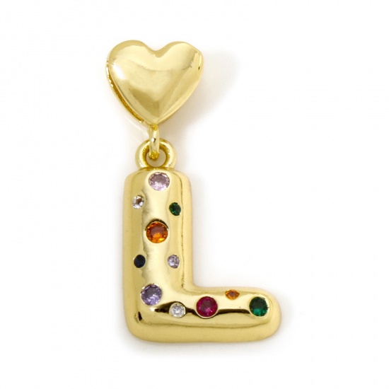 Imagen de 1 Unidad Respetuoso del Medio Ambiente Latón Colgantes Letra Mayúscula 18K Oro Real Chapado Corazón Mensaje " L " Multicolor Circón Artificial 3.1cm x 1.6cm