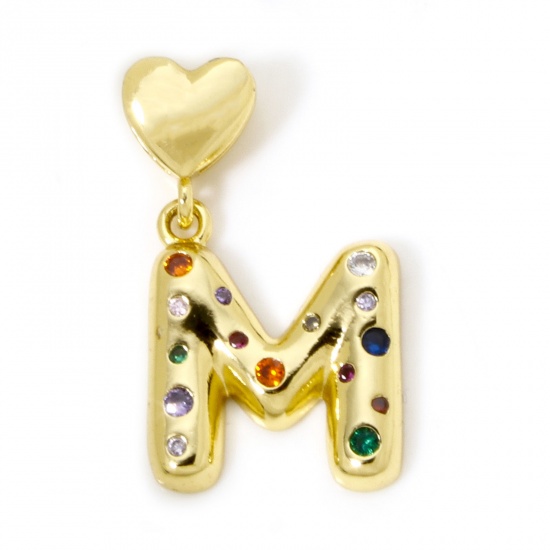 Imagen de 1 Unidad Respetuoso del Medio Ambiente Latón Colgantes Letra Mayúscula 18K Oro Real Chapado Corazón Mensaje " M " Multicolor Circón Artificial 3.2cm x 1.8cm